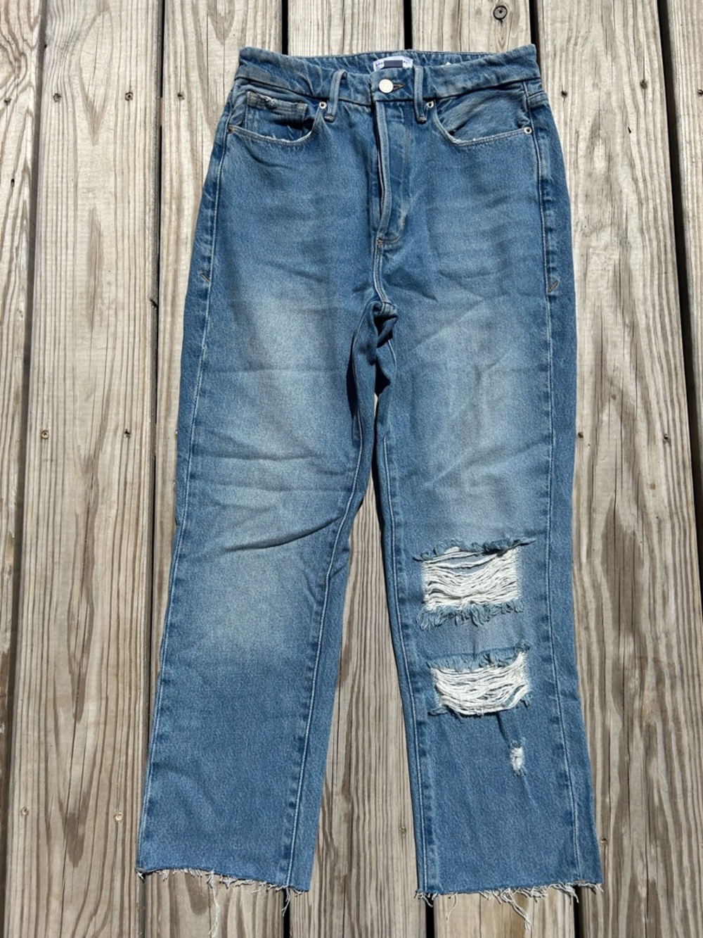 Good American Good Boy Distressed Denim Jeans Medium Wash Blue Womens Size 0/25